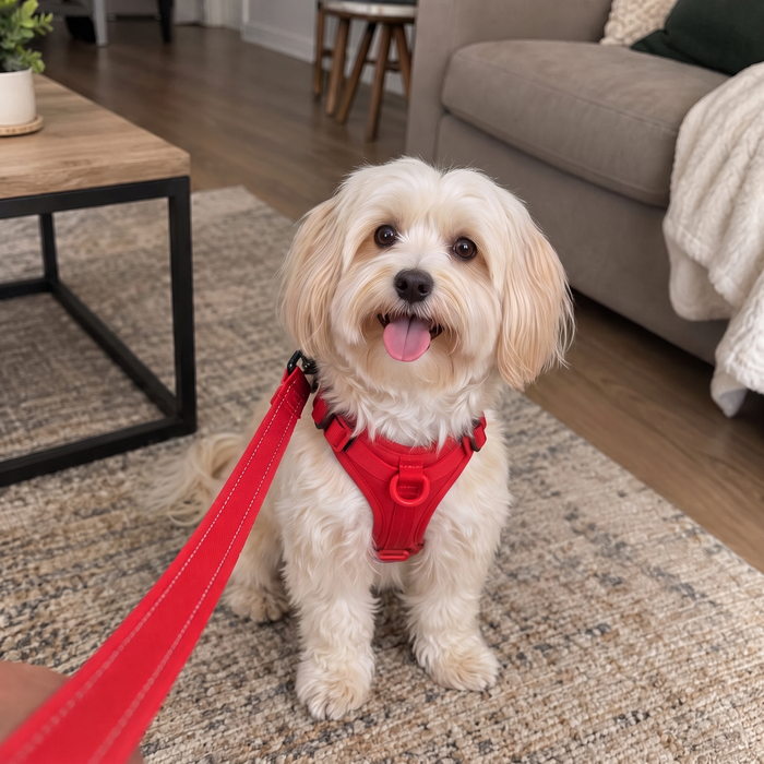 Havanese wearing the Navea harness in navy