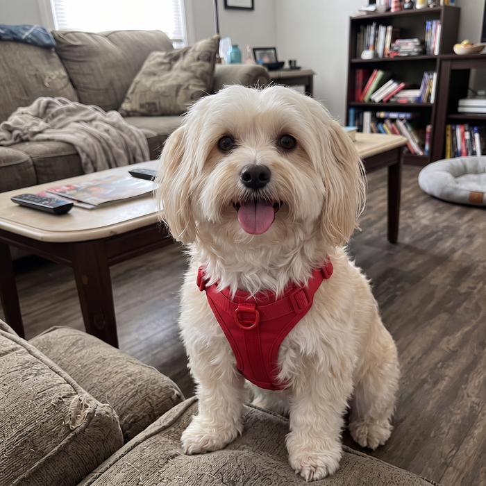 Havanese wearing the Navea harness in bright pink