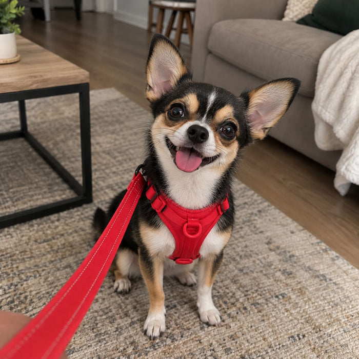Chihuahua wearing the Navea harness in bright pink