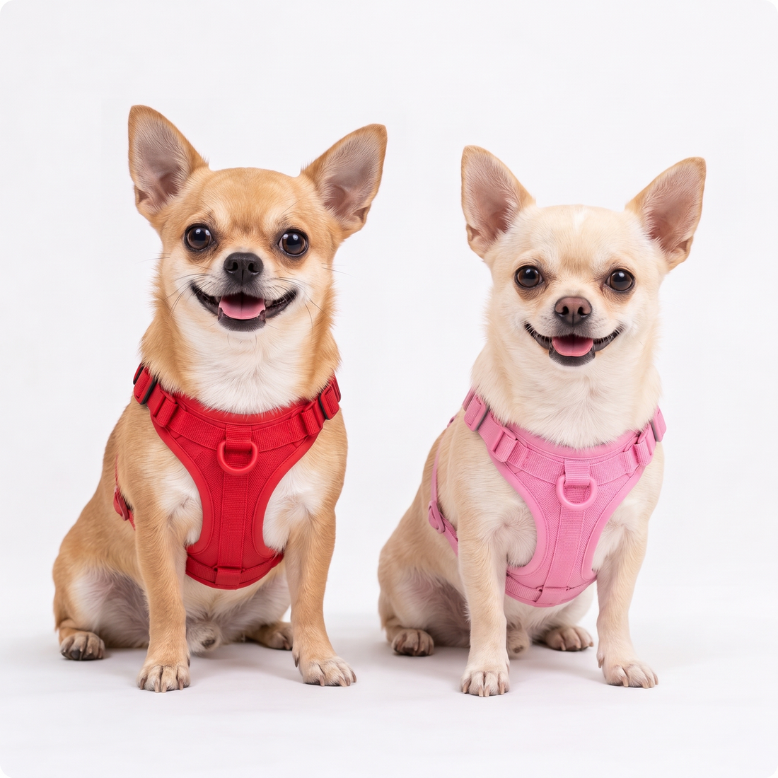 Two Chihuahuas wearing the Navea Chihuahua Harness