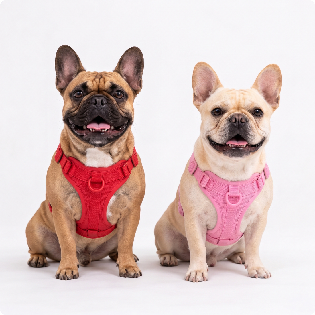 Two French Bulldogs wearing the Navea French Bulldog Harness