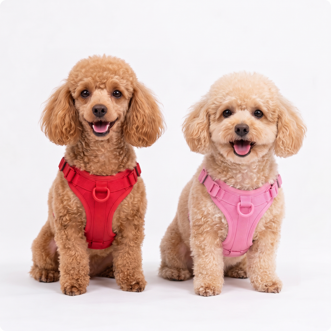 Two Poodles wearing the Navea Toy Poodle Harness